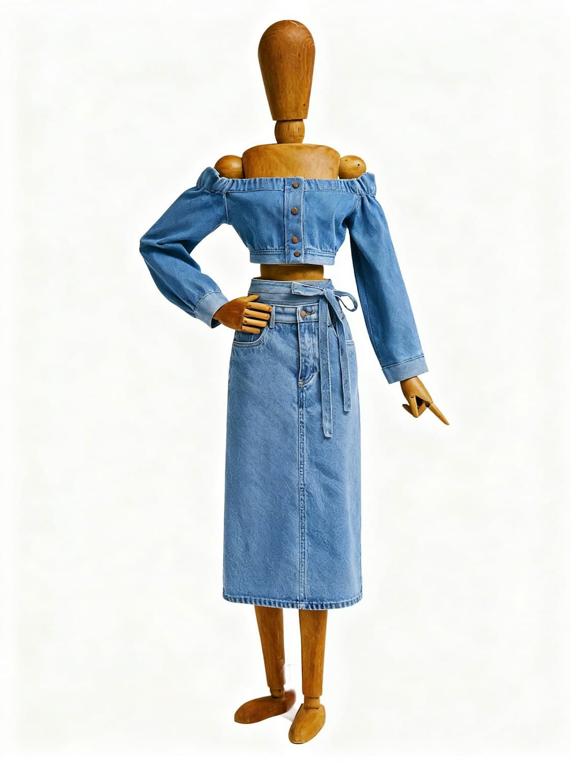 Garment sample dressed on a wooden mannequin, in black and white